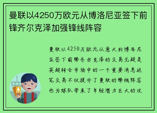 曼联以4250万欧元从博洛尼亚签下前锋齐尔克泽加强锋线阵容