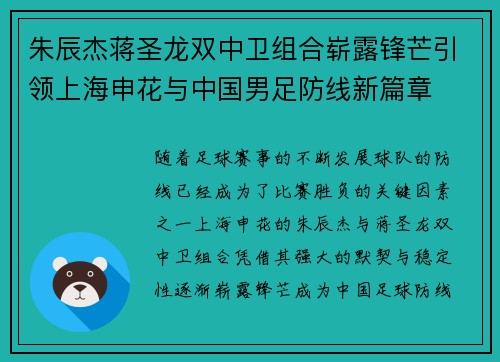 朱辰杰蒋圣龙双中卫组合崭露锋芒引领上海申花与中国男足防线新篇章